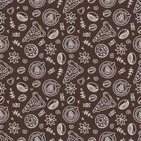 A pattern of breakfast items. Pizza, coffee, beans, sweets, dessert, chocolates. Linear background for menus, coffee shops, web design, bakeries and cafes. vector