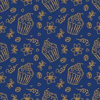 Coffee cocktails. Seamless sketch-style pattern. A drawing of sweets and coffee, a background in the form of flat lines of hot drinks. Repeating texture for cafe menus, wrapping paper. vector