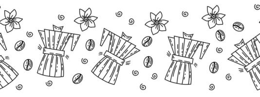 Coffee cocktails. Seamless border in sketch style. Drawing of flat lines of hot drinks. A repeating texture for the cafe menu. vector