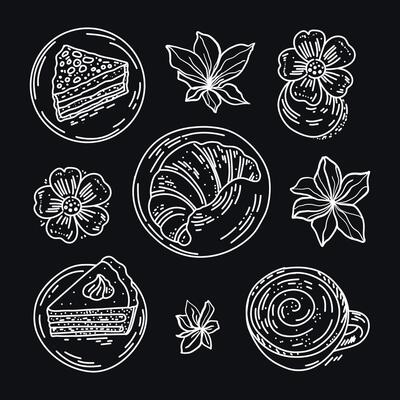 Black and white set, sketch of coffee elements in the sketch style. Drawing smooth lines of hot drinks, cake, croissant for the cafe menu. Coffee cocktails.