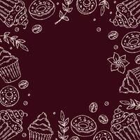 Coffee and breakfast themed background, simple contour icons. Dark outlines of sweets on a chocolate background, food. Space for the text. vector