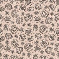 Warm pattern, sketch of coffee elements in the sketch style. Drawing smooth lines of hot drinks, cake, croissant for the cafe menu. vector