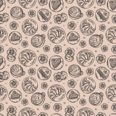 Warm pattern, sketch of coffee elements in the sketch style. Drawing smooth lines of hot drinks, cake, croissant for the cafe menu.