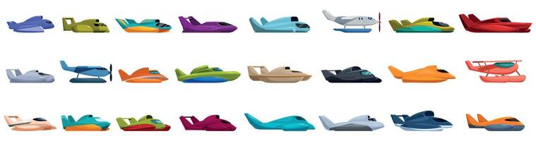 Hydroplane icons set. Diverse collection of colorful seaplane illustrations vector