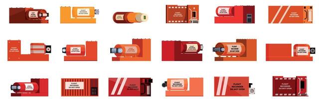 Airplane black box icons set. Set of flight recorders or black boxes showing different shapes and colors vector