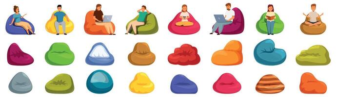 Bean chair icons set. People relaxing and working on bean bag chairs, various colors and shapes vector