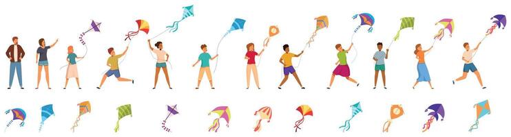 Kids playing flying kite icons set. Happy diverse people flying kites on a string in various poses vector