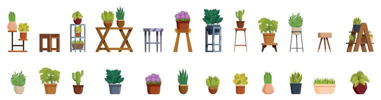 Flowerpot stand icons set. Various houseplants growing in pots on stands and tables creating cozy home atmosphere vector