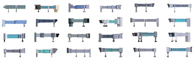 Jet bridge icons set. Set of passenger boarding bridges facilitating convenient access to aircraft vector