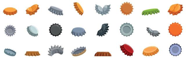 Beer bottle cap icons set. Set of various colorful bottle caps showing different positions vector