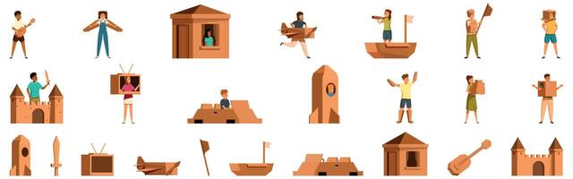 Kids cardboard boxes icons set. Children playing with cardboard boxes, unleashing creativity and imagination vector