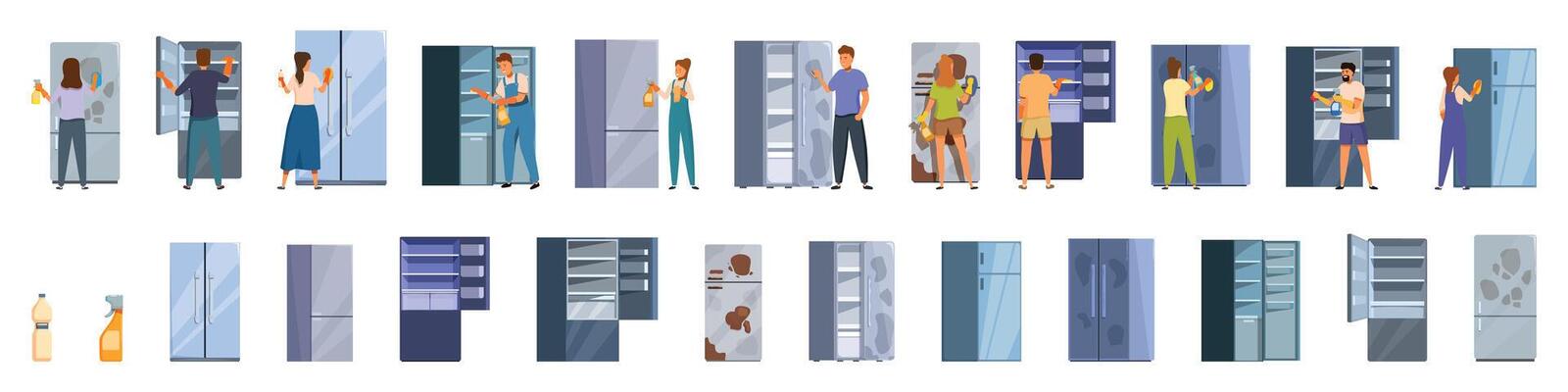 Refrigerator cleaning icons set. People cleaning and repairing refrigerators, maintaining kitchen appliances