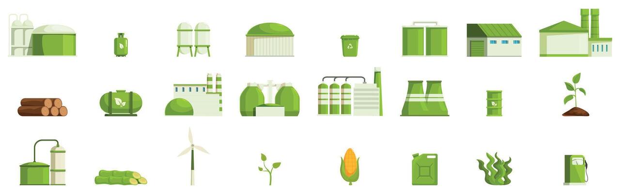 Biogas plant icons set. Biofuel production process showing manufacturing and agriculture icons