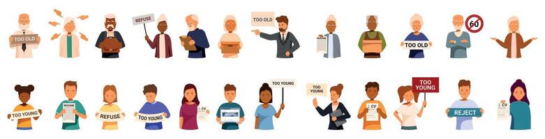Age discrimination icons set. People protesting against ageism, age discrimination in hiring and firing, too young and too old concept vector