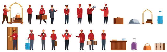 Porter icons set. Diverse hotel workers attending guests and managing baggage, ensuring a comfortable and welcoming experience vector