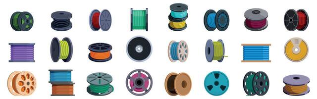 Filament spool icons set. Colorful cable spools and wire reels collection for various industrial applications vector