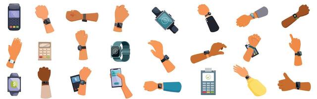Smartwatch nfc payment icons set. Customers using smartwatches for nfc payments and various gestures vector
