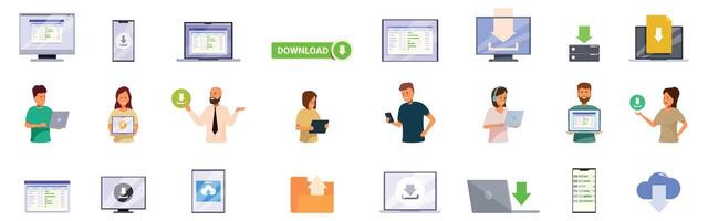 Torrent icons set. People downloading files using various devices and platforms vector