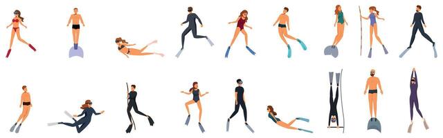 Free diving icons set. Divers wearing diving suits, masks and fins are diving and exploring underwater world vector