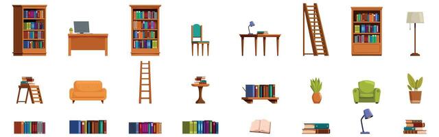 Library interior icons set. Library furniture set with bookshelves, tables, chairs, lamps, plants and ladders for reading and studying vector