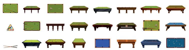 Billiard table icons set. Billiard tables showing different game stages and table designs vector