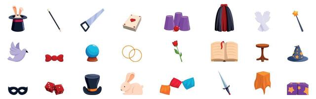 Illusionist equipment icons set. Magician tools and accessories creating enchanting illusions vector