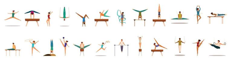 Artistic gymnasts icons set. Gymnasts performing various exercises, balancing, jumping, and swinging on equipment vector