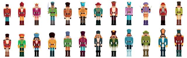 Nutcracker icons set. Colorful christmas nutcrackers wearing festive uniforms standing in formation vector
