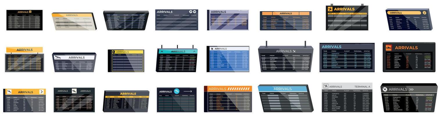 Arrival airport board icons set. Airport arrivals board showing scheduled flight information