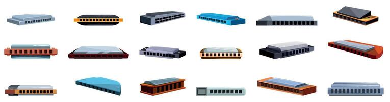 Harmonica icons set. Collection of harmonicas representing diverse musical styles and sounds vector
