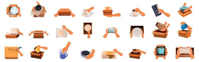 Hands packing fragile icons set. Packing service wrapping fragile items for safe relocation vector