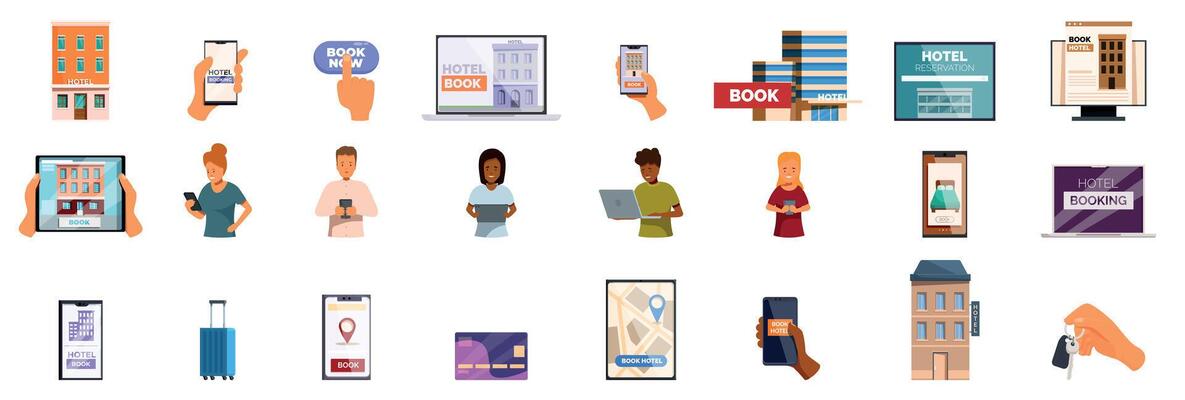 Online hotel booking icons set. Tourists booking hotel rooms using various online services and mobile apps