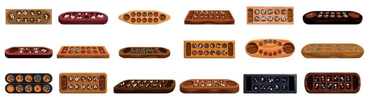 Mancala icons set. Mancala board game collection with varying designs and materials vector