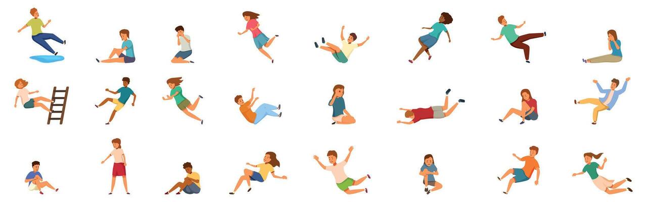 Child fell icons set. People falling down, slipping, tripping and stumbling icon set