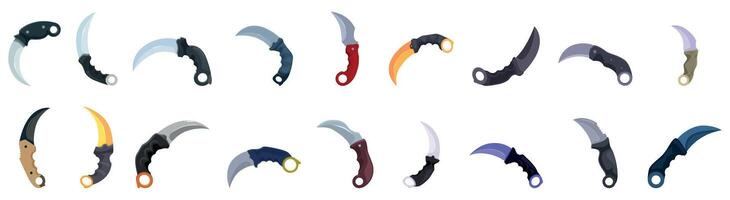 Karambit icons set. Karambit knife collection showing different colors and styles vector