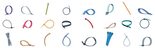 Cable ties icons set. Colorful cable ties in different shapes and configurations securing connections vector
