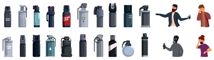 Tear gas icons set. Protesters and police using tear gas and pepper spray for crowd control vector