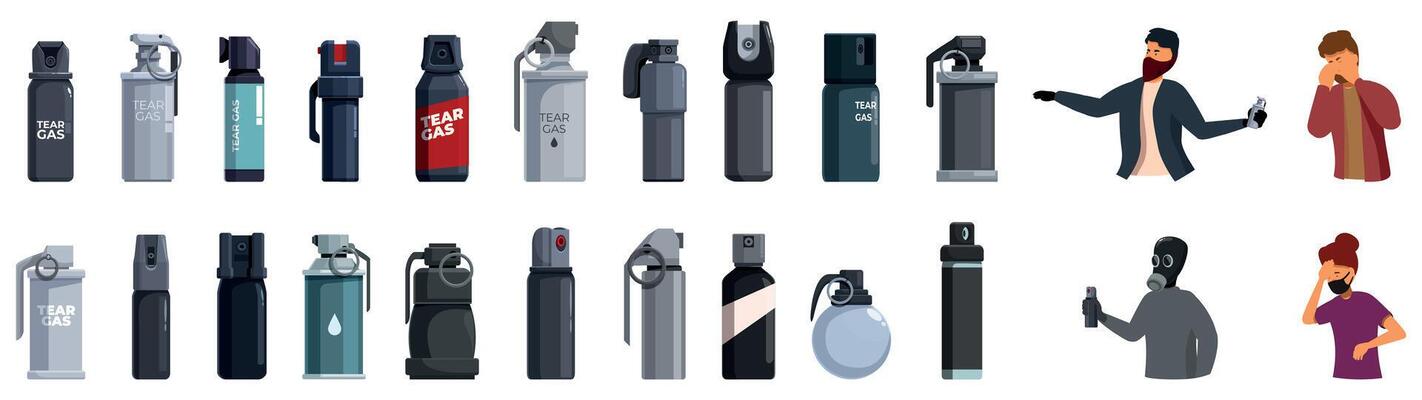 Tear gas icons set. Protesters and police using tear gas and pepper spray for crowd control