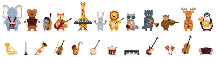 Animal music band icons set. Cartoon animals playing musical instruments and instruments isolated on white background vector