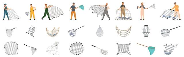 Fishing net icons set. Fishermen holding nets and various fishing net designs for catching fish vector