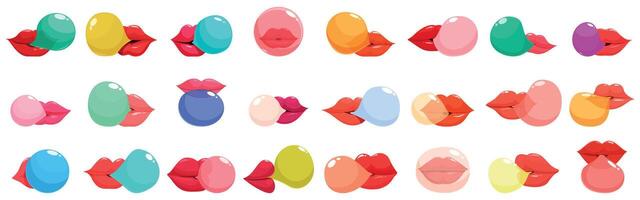 Lips bubble gum icons set. Colorful lips and bubbles in repeated patterns vector