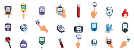 Glucometer icons set. Patients measuring blood glucose level using glucometer device for diabetes control vector