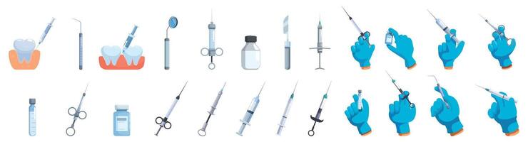 Anesthesia dentistry icons set. Dentist performing tooth anesthesia using various dental instruments and tools vector