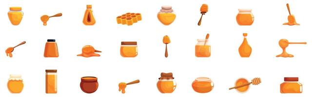 Freshly bottled honey icons set. Honey jars, honeycombs, and wooden dippers dripping with golden nectar vector