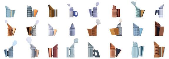 Bee hive smoker icons set. Various beekeeping smokers in different styles and colors vector
