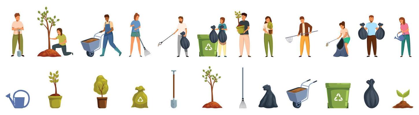 Environmental activism icons set. Volunteers planting trees, cleaning, and gardening for a sustainable environment