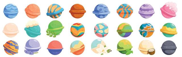 Bath bomb icons set. Colorful bath bombs resembling planets floating in space vector