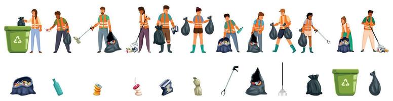 Community leanup icons set. Cleaning staff collecting and sorting garbage, waste recycling concept vector
