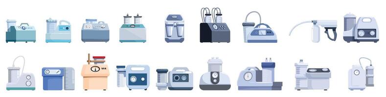 Suction machine icons set. Medical suction machine extracting liquids and supporting surgeries with different models vector