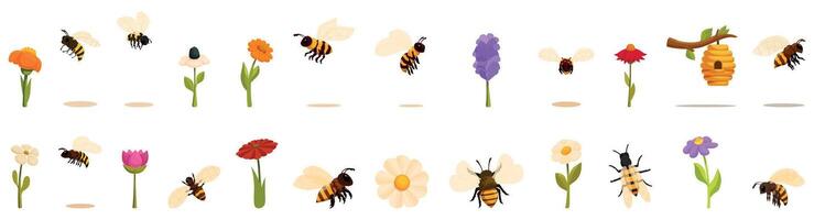 Bee collecting pollen icons set. Bees pollinating flowers and honeycomb hanging from tree branch vector